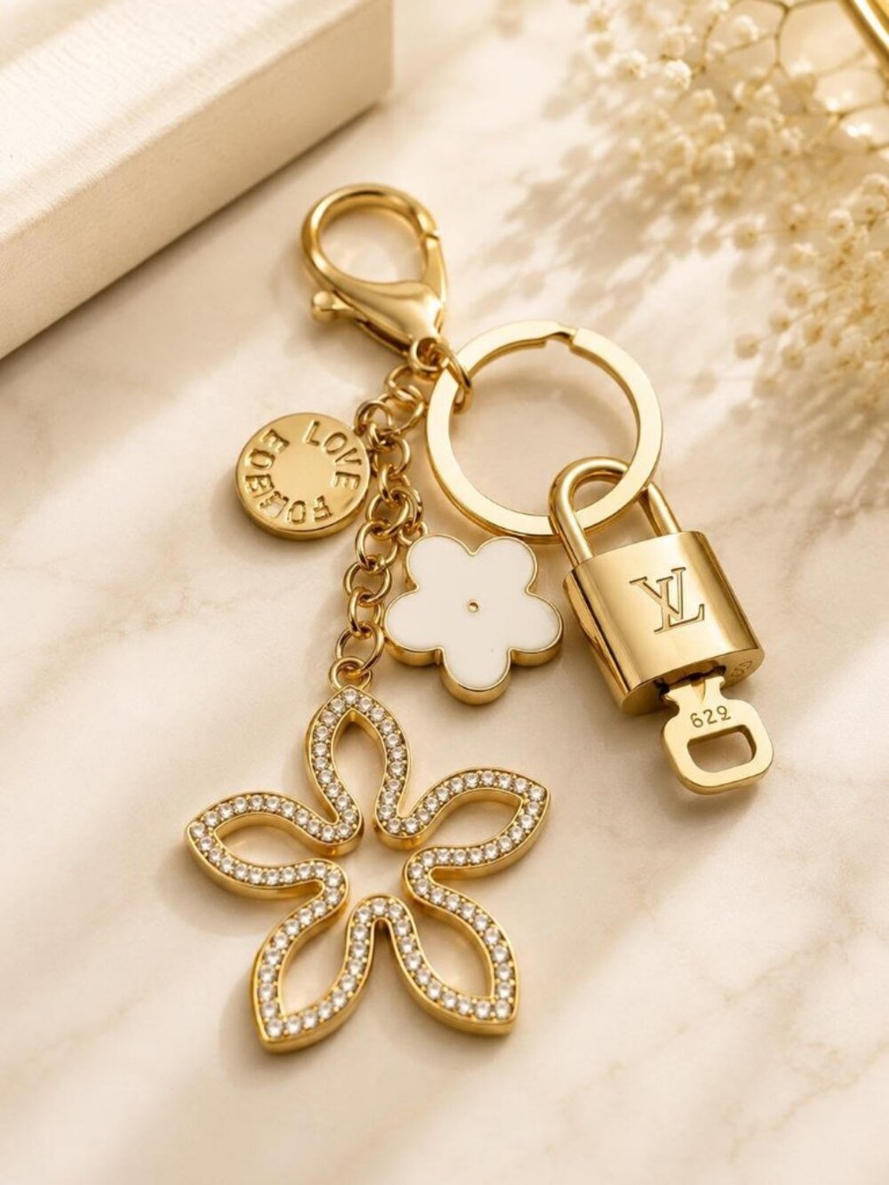 Authentic Louis Vuitton Gold Lock & Key ✨ Bag Charm Unbranded Flower Keychain